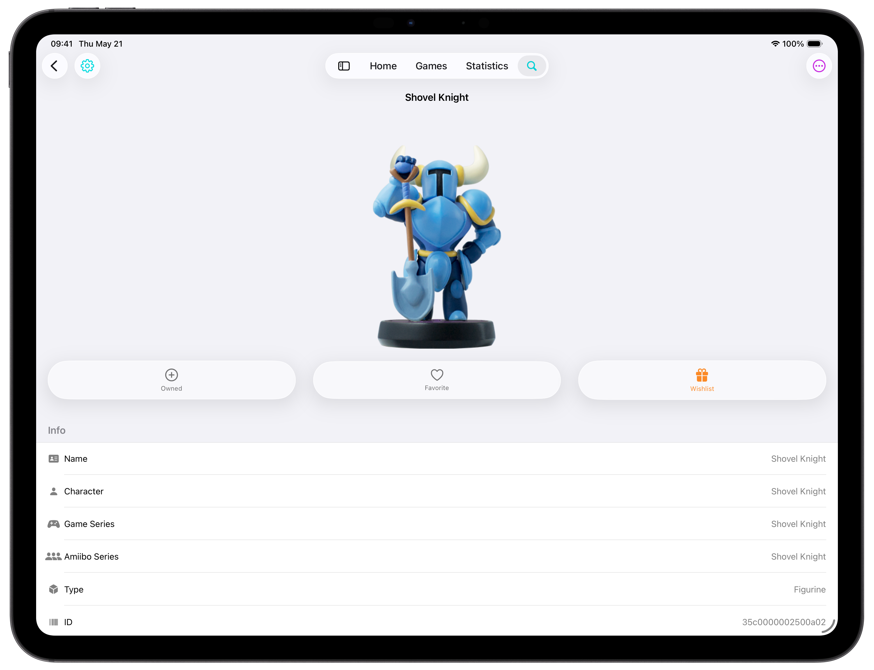 Screen showing the details of the Shovel Knight amiibo