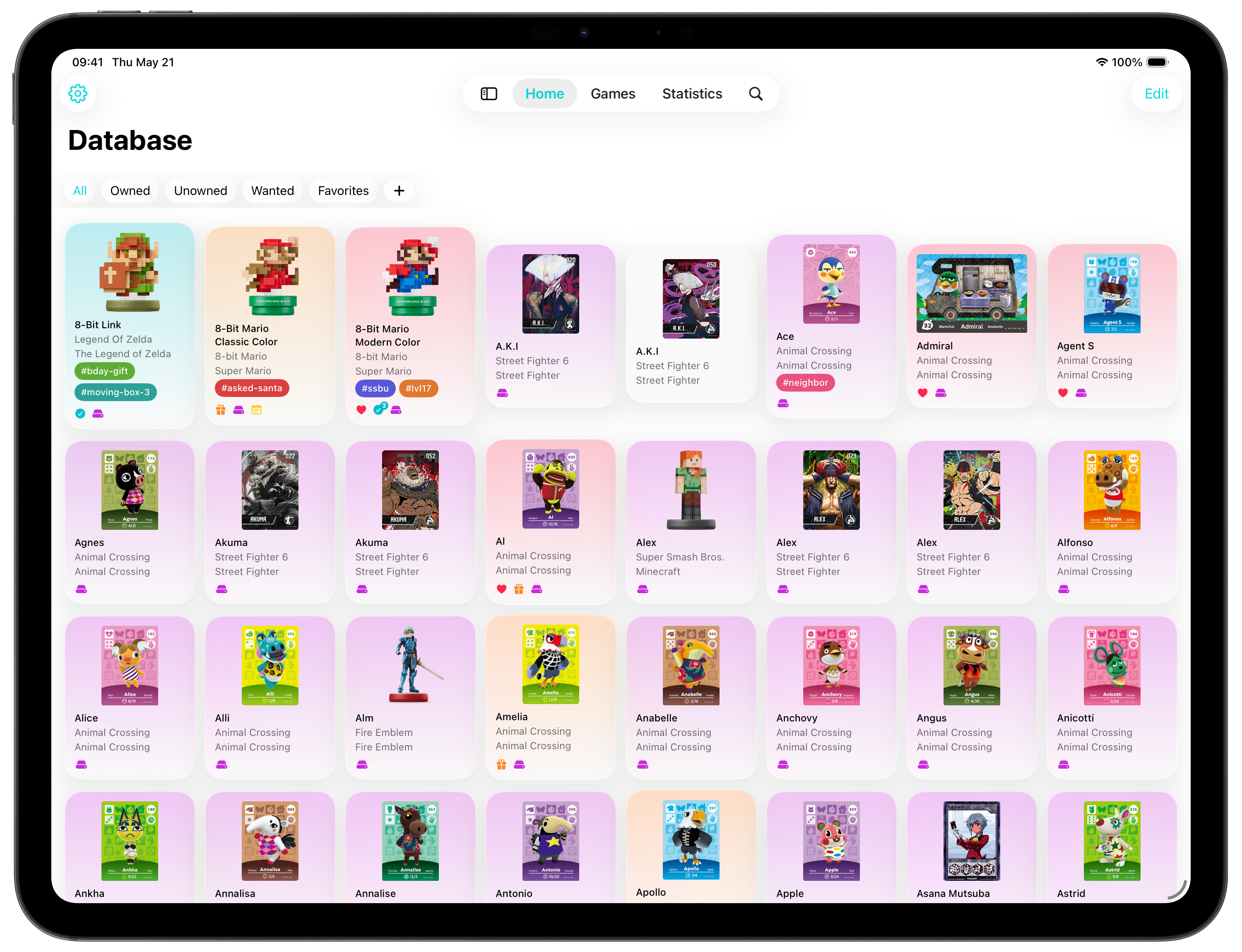 Screen showing the main grid of amiibo