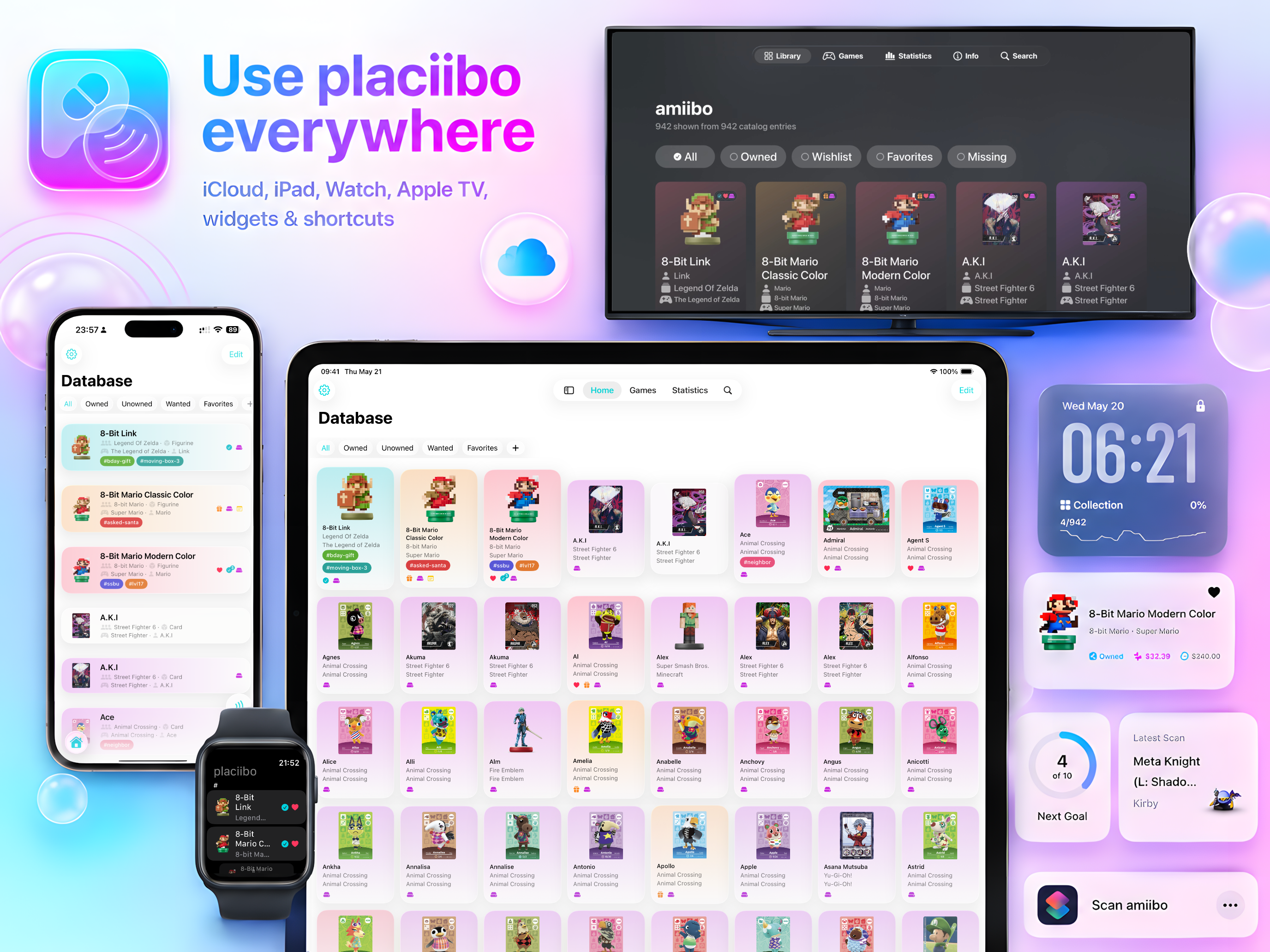 placiibo across iPhone, iPad, Apple Watch, Apple TV, widgets, and shortcuts