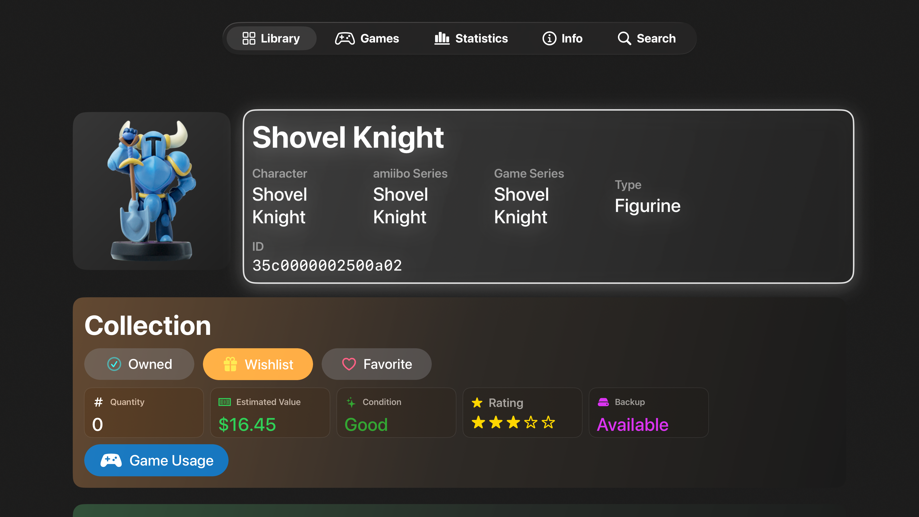 Screen showing amiibo details for Shovel Knight amiibo on Apple TV