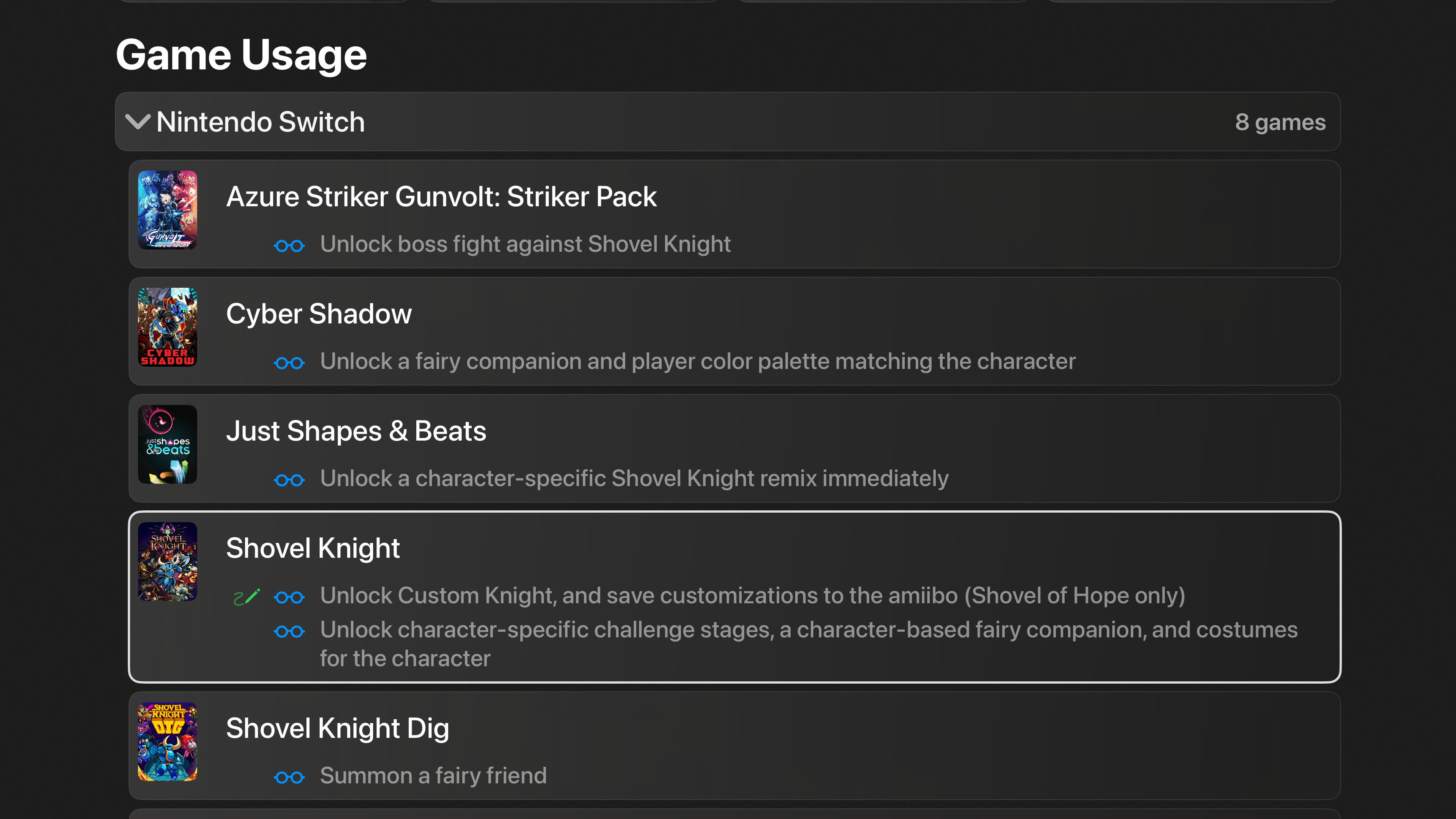 Screen showing which games support the Shovel Knight amiibo and what it unlocks