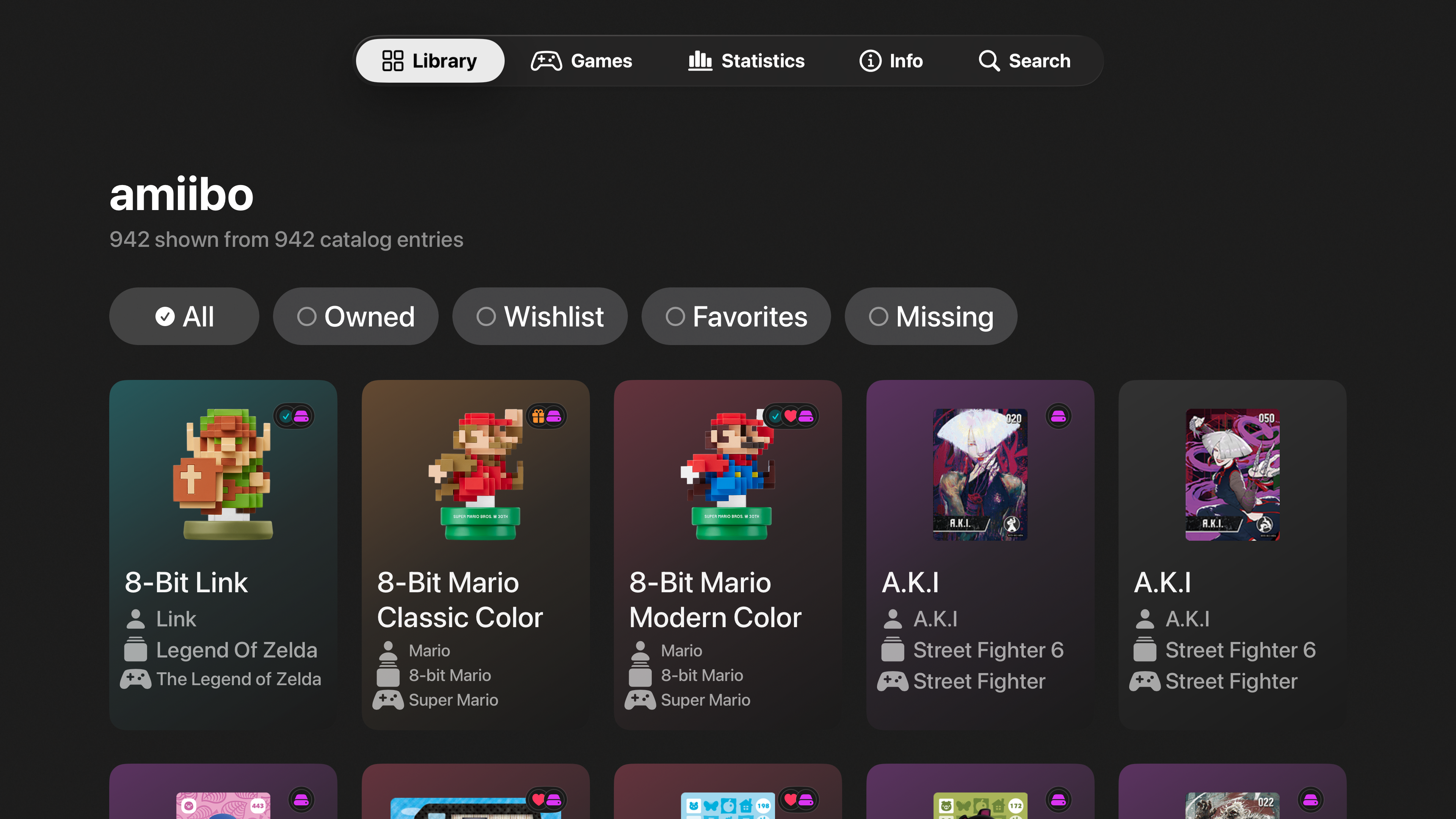 Screen showing main grid of amiibo on Apple TV