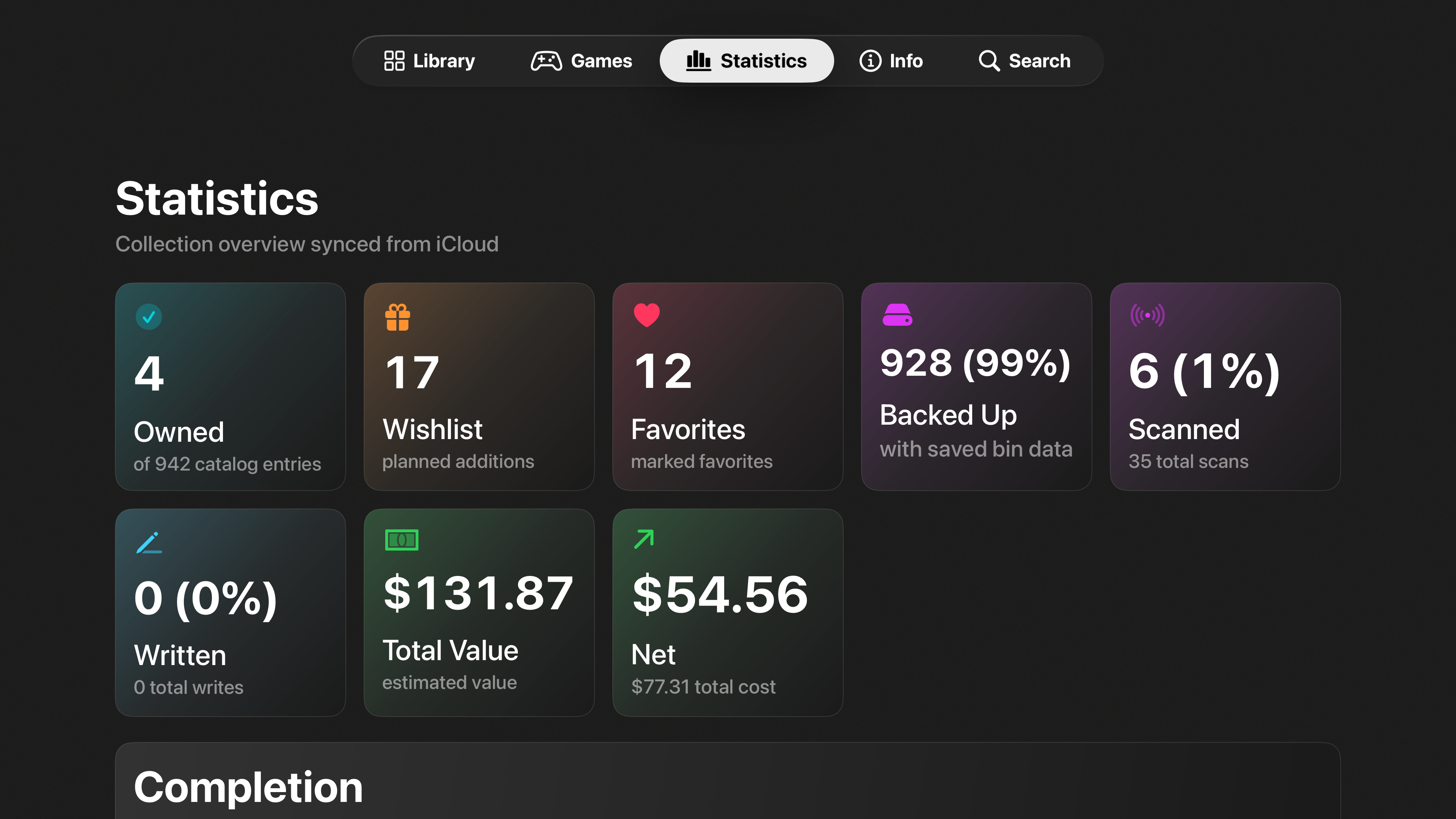 Screen showing statistics overview of user's collection