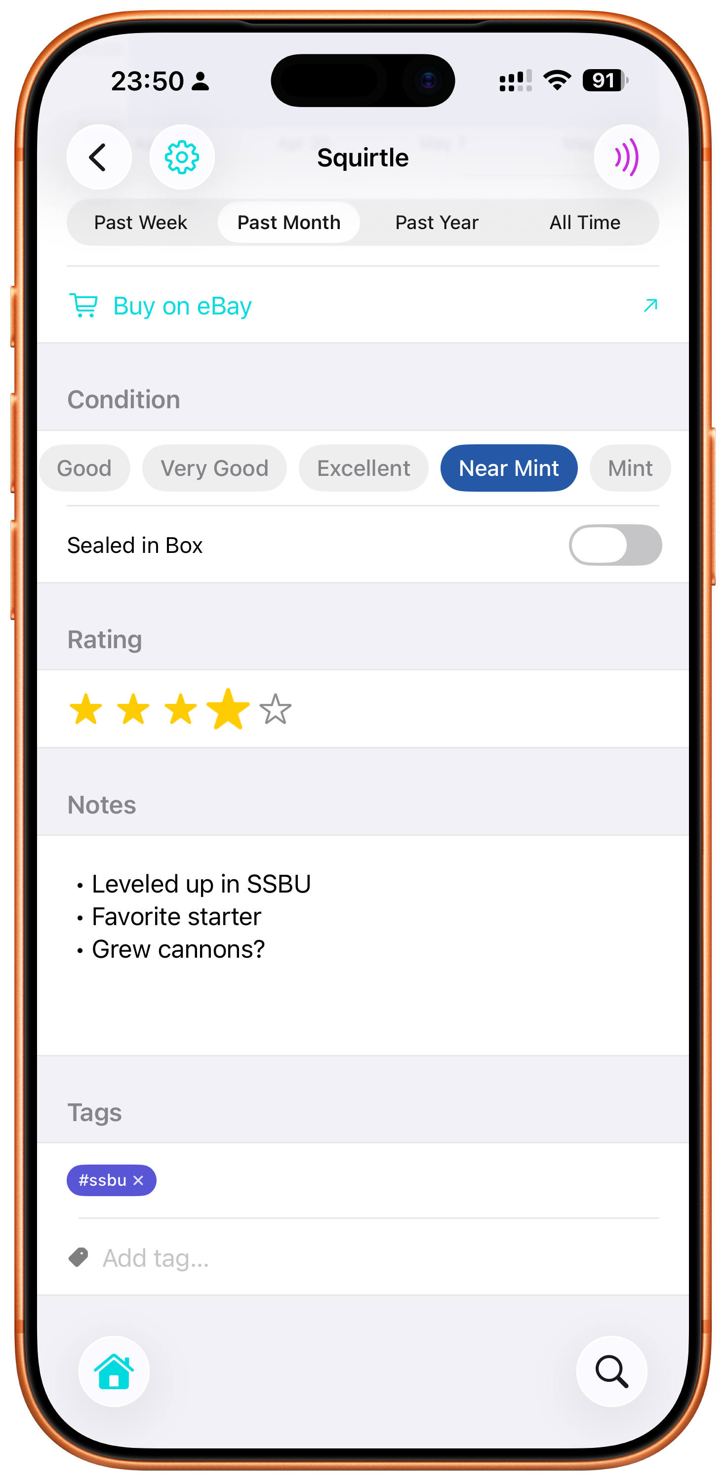 Screen showing a user's notes and tags on the Squirtle amiibo