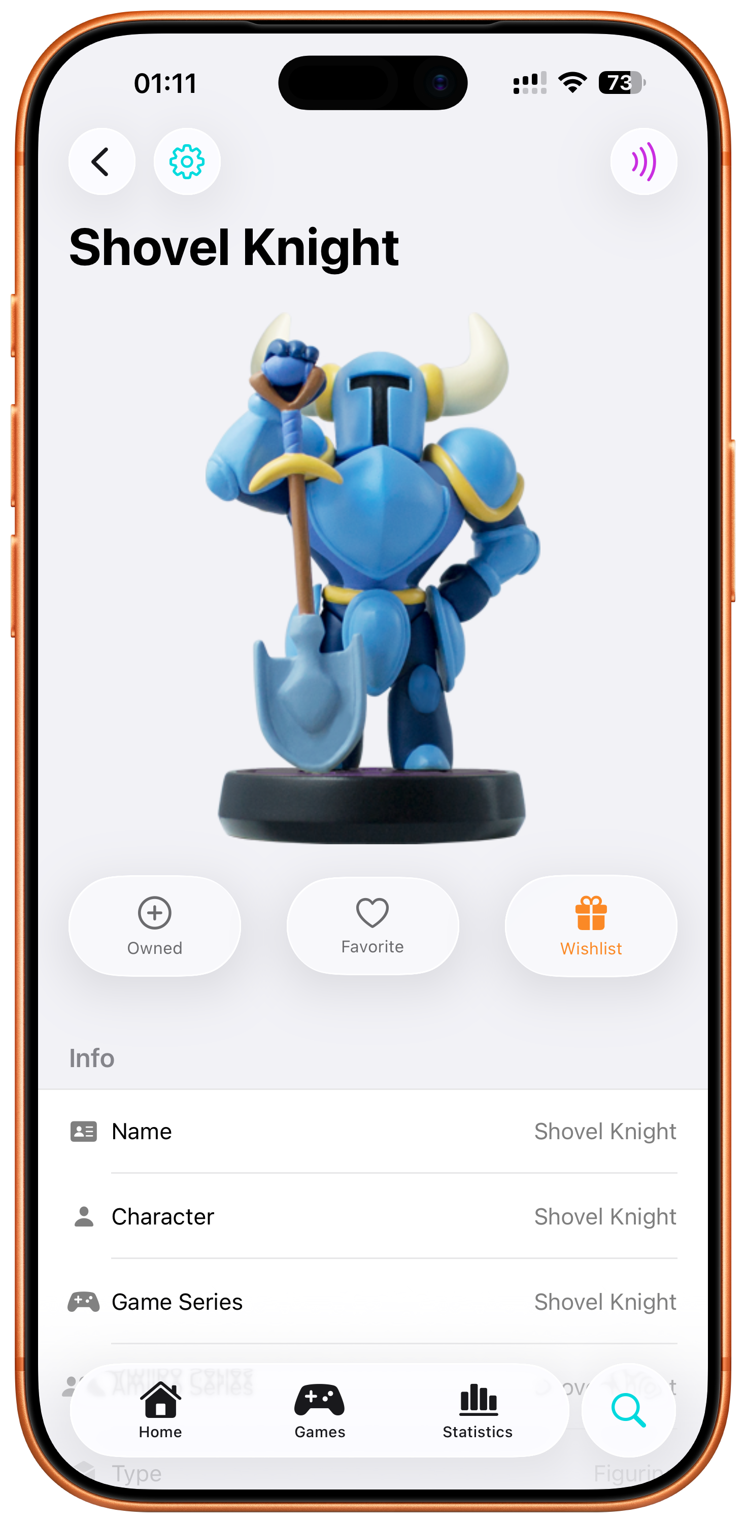 Screen showing the Shovel Knight amiibo with information about the amiibo