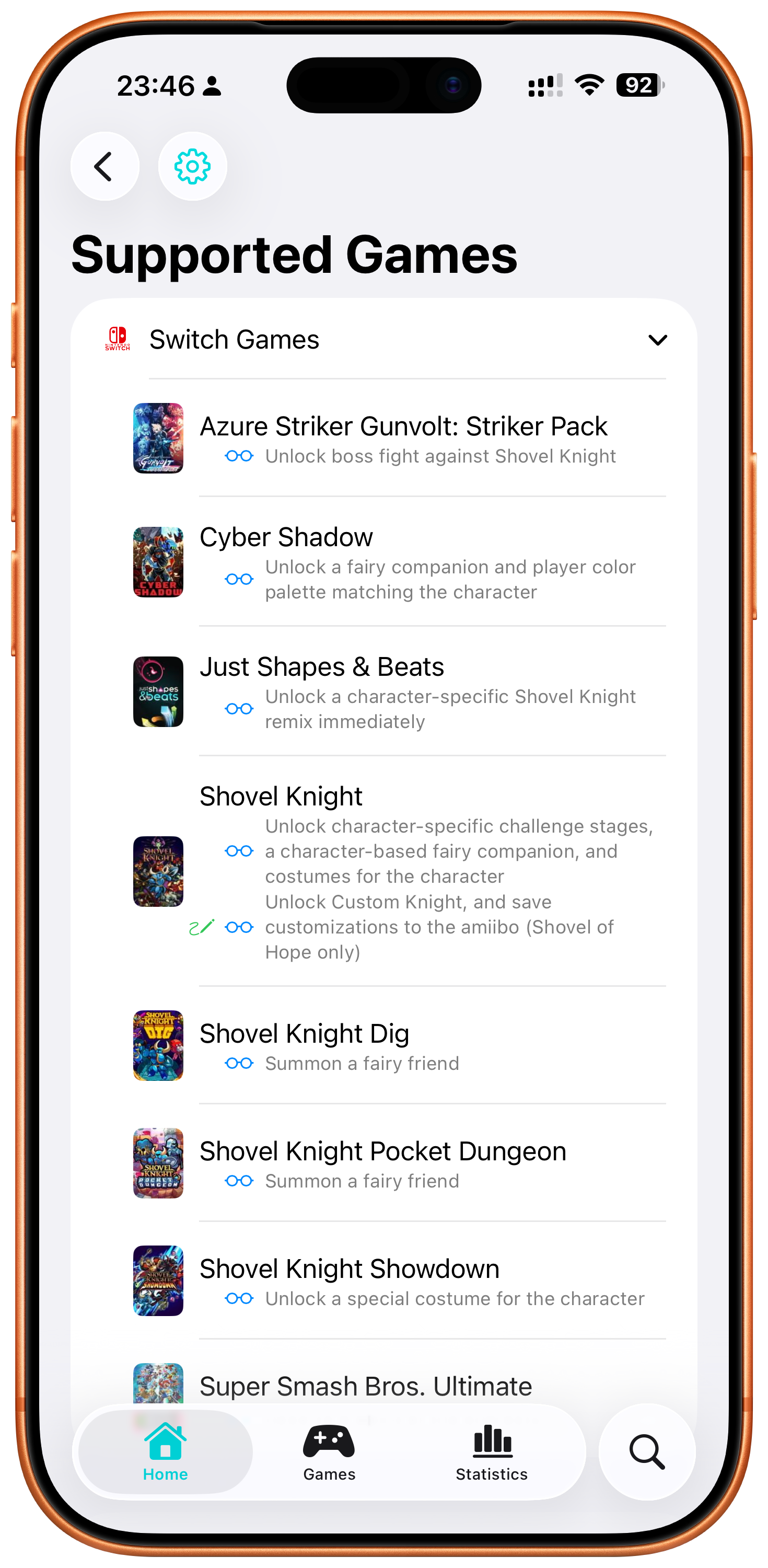 Screen showing which games support the Shovel Knight amiibo and what the amiibo unlocks in those games