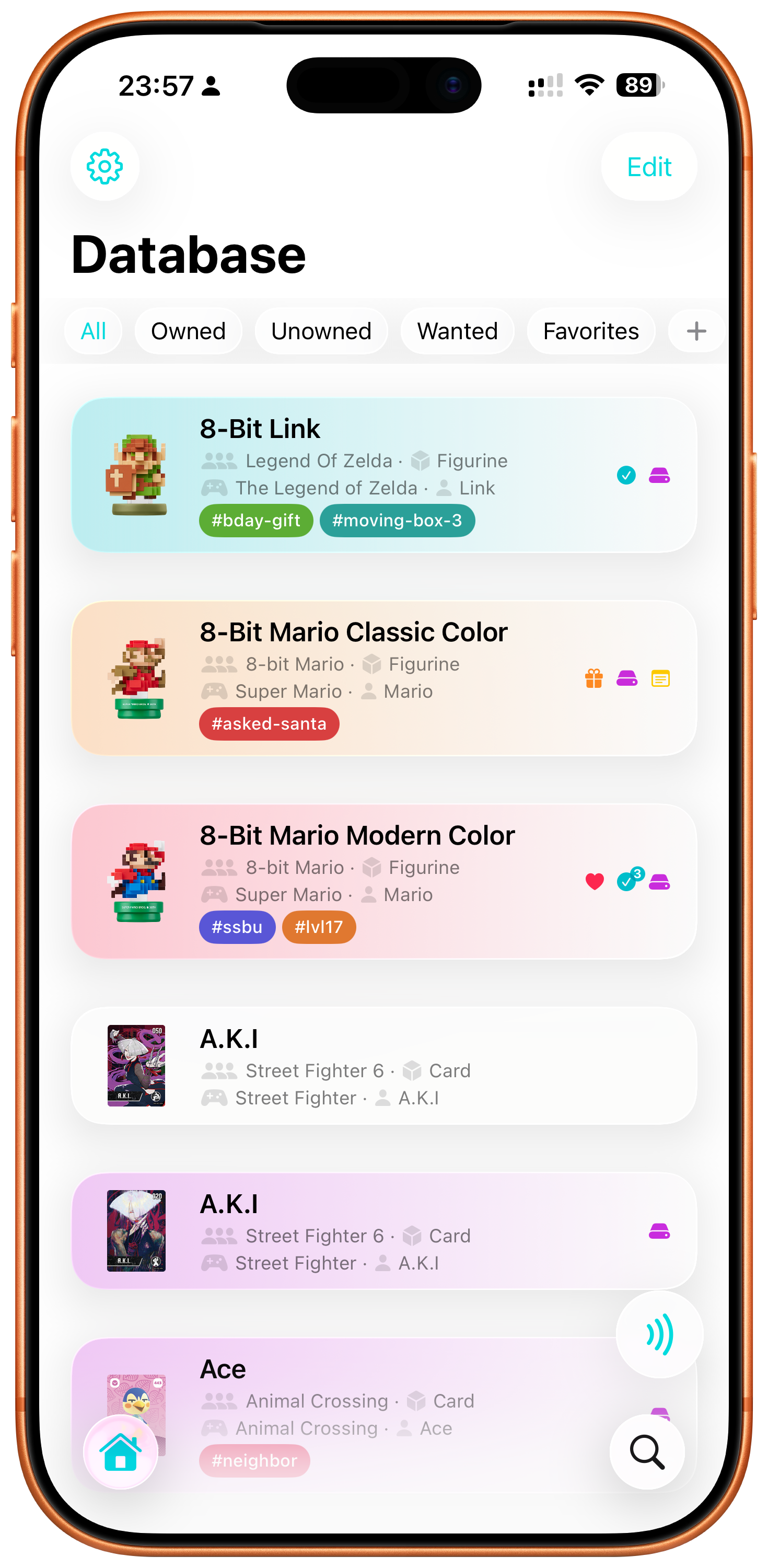 Screen showing the main list of amiibo