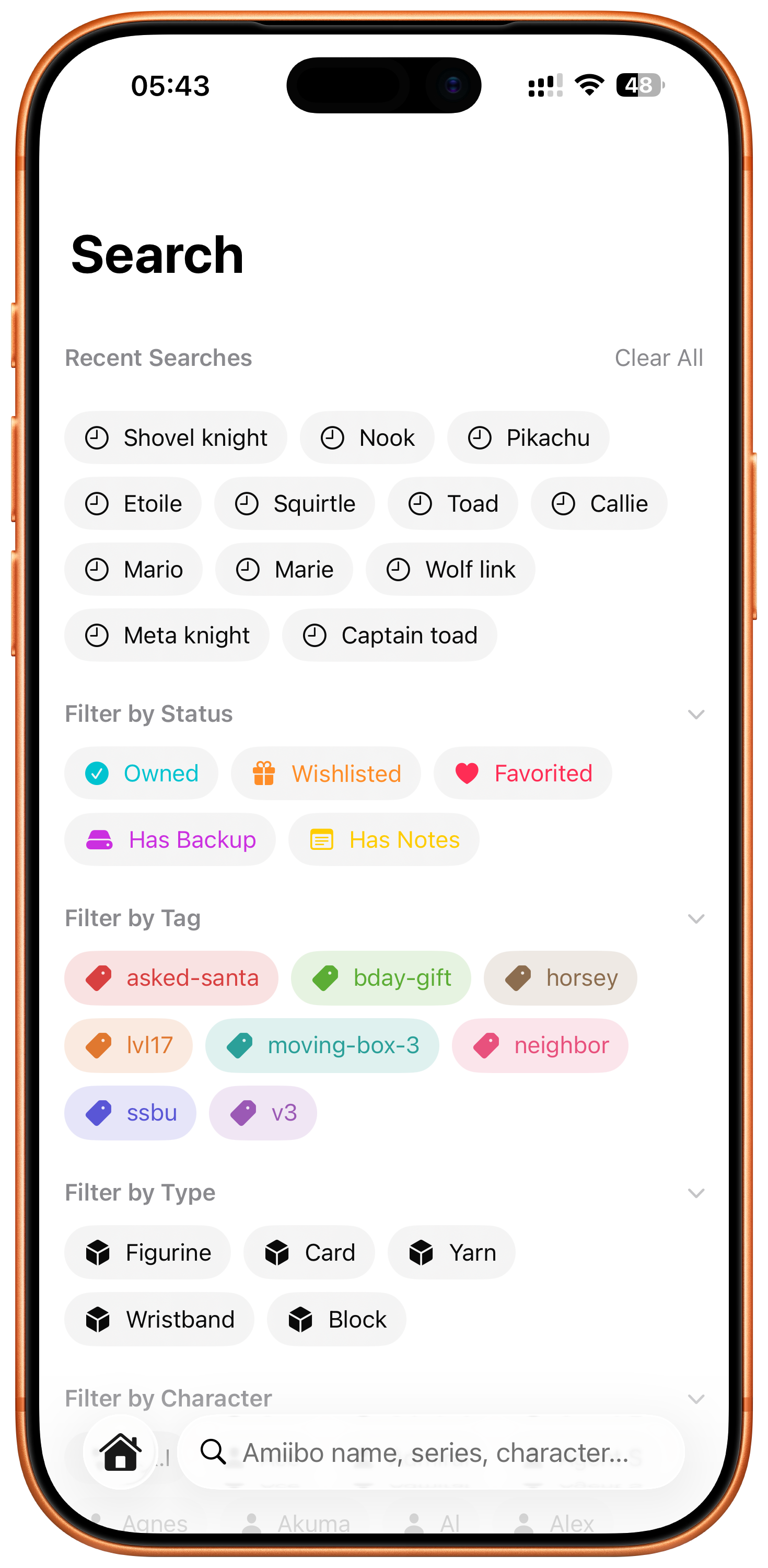 Screen showing the search and filter options in placiibo